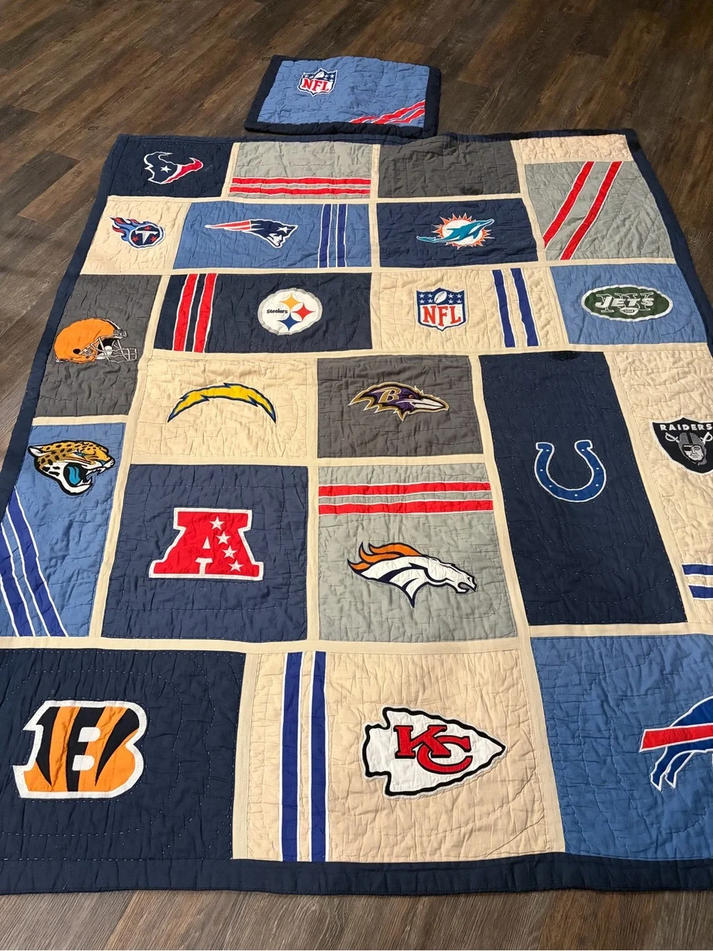 Pottery Barn Teen NFL Patchwork Quilt - Navy, Cream, Gray, Blue, Red